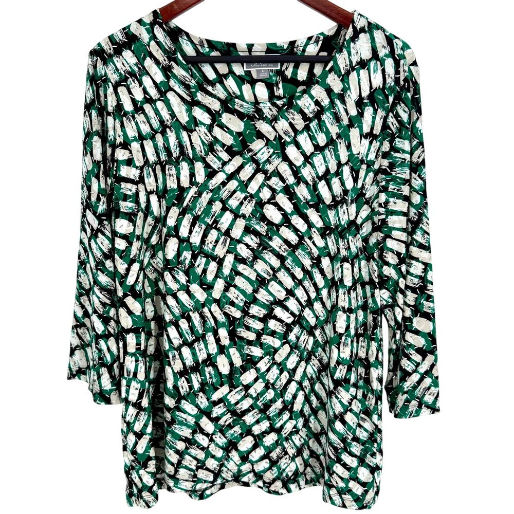 JM Collection Sz Large Green Silver White Super Stretchy Blouse Shirt Top Artsy